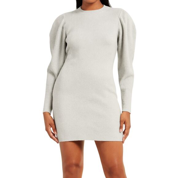 Express Gray Puff Long Sleeve Mini Bodycon Rib Knit Sweater Dress sz M Crew Neck - Picture 1 of 10